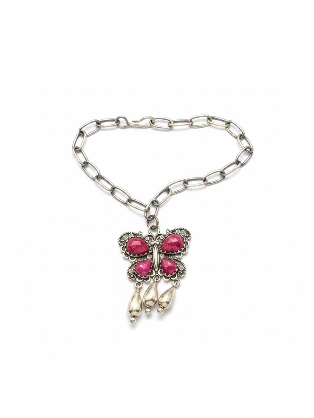 Sterling Silver Butterfly Charm Bracelet - Genuine Faceted Ruby Stones
